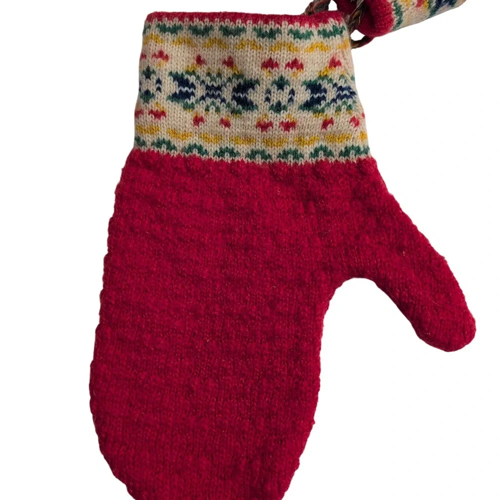 Handmade Red Wool Mittens Fair Isle‎ Patterned Cuff Nordic Winter Gloves Norway